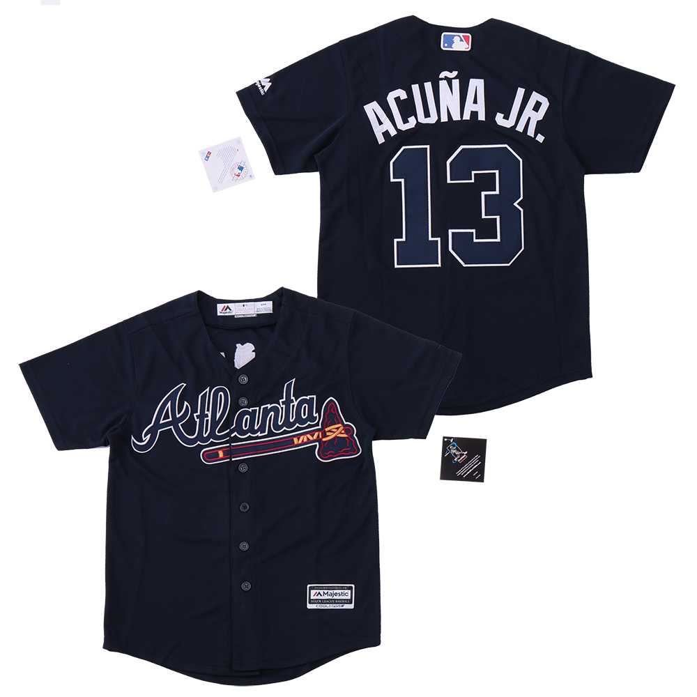 Youth Braves 13 Ronald Acuna Jr. Navy Cool Base Jersey,We sell and wholesale Youth Braves 13 Ronald Acuna Jr. Navy Cool Base Jersey on line form chian!